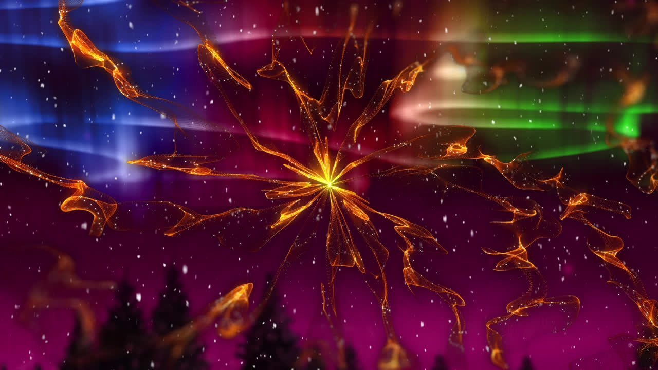 오렌지색 빛의 경로, 소나무 및 겨울 풍경 위에 내리는 눈의 애니메이션