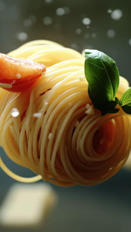 pasta swirling with tomatoes. fresh pasta spins among halved cherry tomatoes and basil leaves, capturing a moment of culinary creativity in a kitchen.