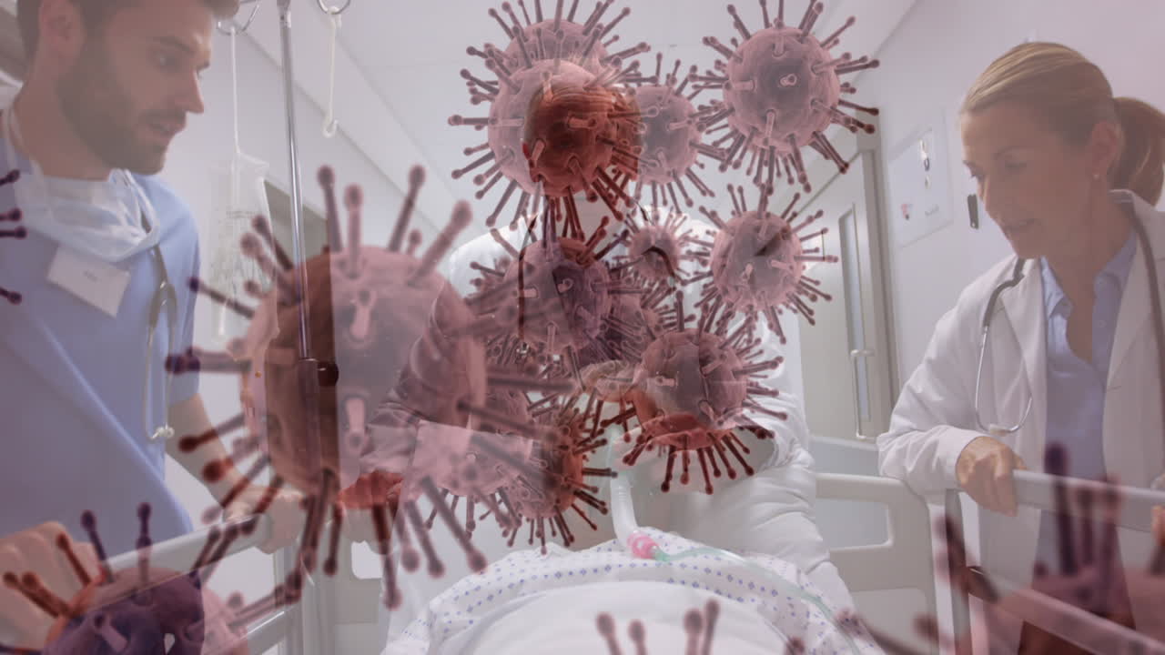 Animazione di cellule COVID-19 sopra medici in ospedale.