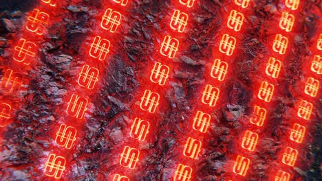 rows of yellow digital dollar signs glowing red, 3d render