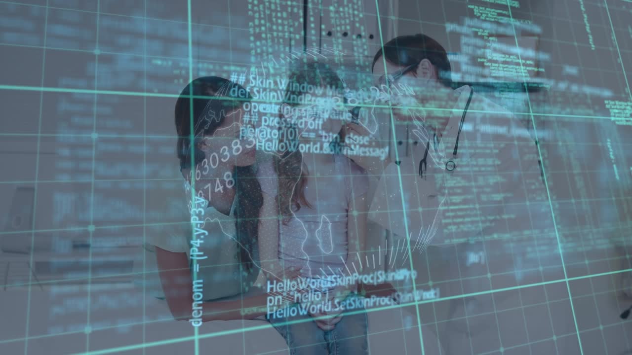 Animation of digital interface over two caucasian doctors with little patient