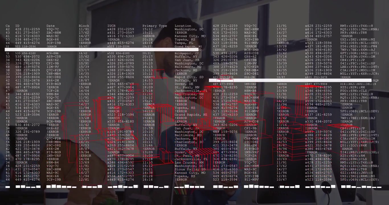 Coworkers pointing at tablet, starting IT overlay obscuring view with data matrix and red bars