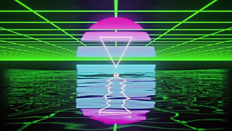 Animation-of-white-triangle-over-glowing-pink-to-blue-circle-over-green-grid-reflected-in-water