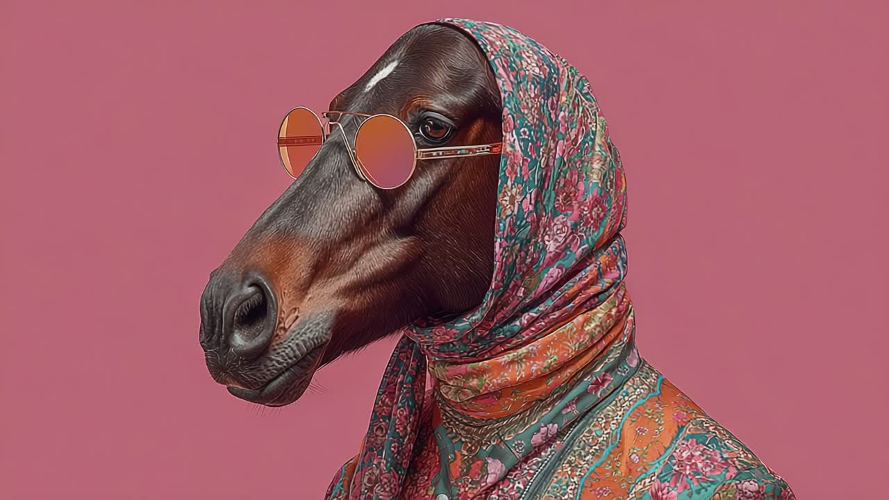 Un cavallo elegante indossa una sciarpa vivace e occhiali da sole retrò, in posa elegante contro uno sfondo rosa acceso, combinando moda e fascino stravagante in ogni inquadratura.