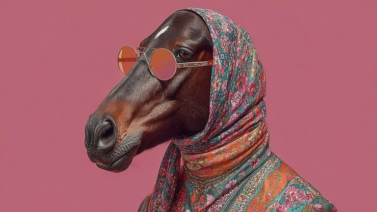 Un cavallo elegante indossa una sciarpa vivace e occhiali da sole retrò, in posa elegante contro uno sfondo rosa acceso, combinando moda e fascino stravagante in ogni inquadratura.