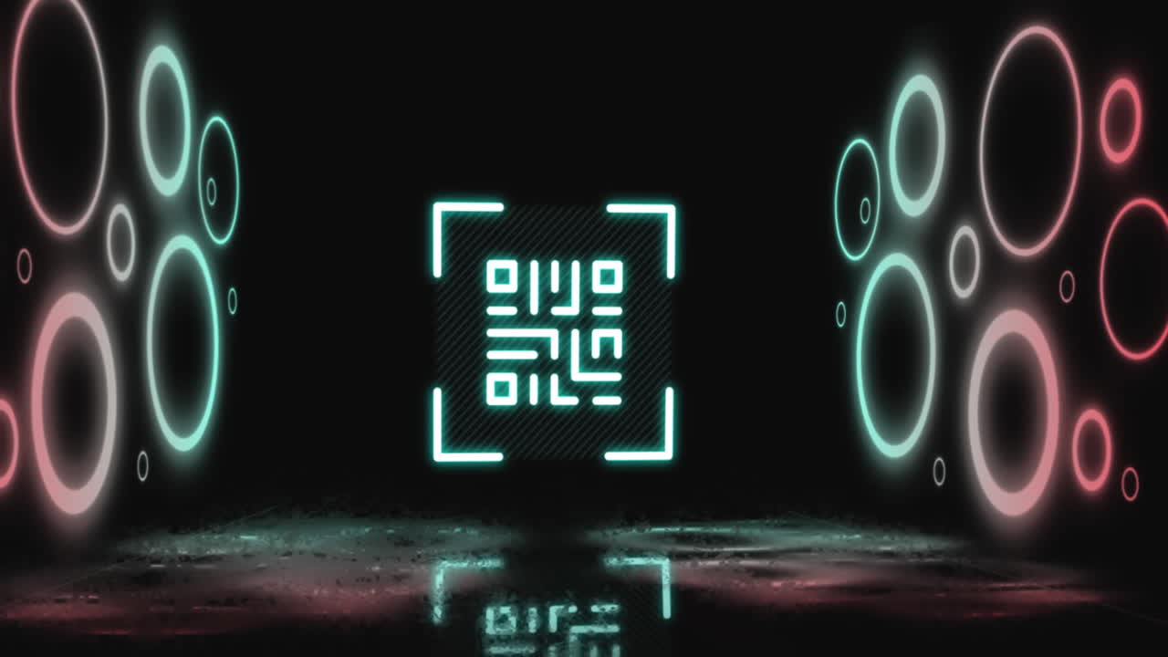 Animation of flickering neon qr code scanner and circular shapes against black background