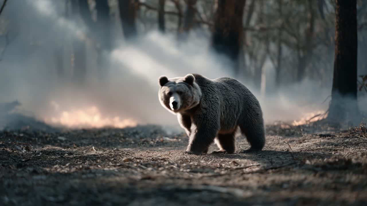 A solitary bear navigating through a smoky forest landscape, embodying the resilience of wildlife amidst a backdrop of flames and destruction