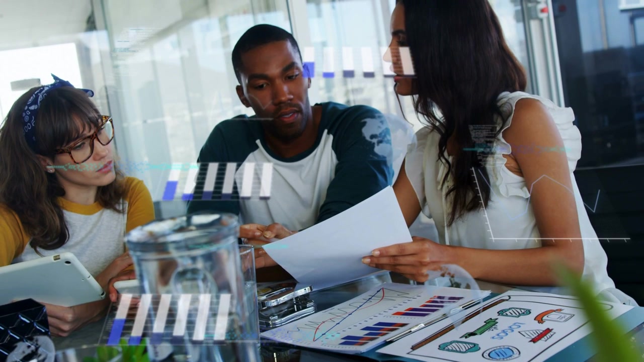 Three colleagues reviewing charts for business, right woman presenting report, overlays reflecting
