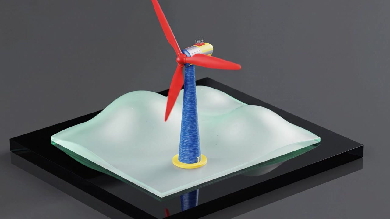Innovatives Modell einer Windkraftanlage, das das Potenzial erneuerbarer Energien mit dynamischem Design und lebendigen Farben auf einem eleganten Präsentationssockel demonstriert.