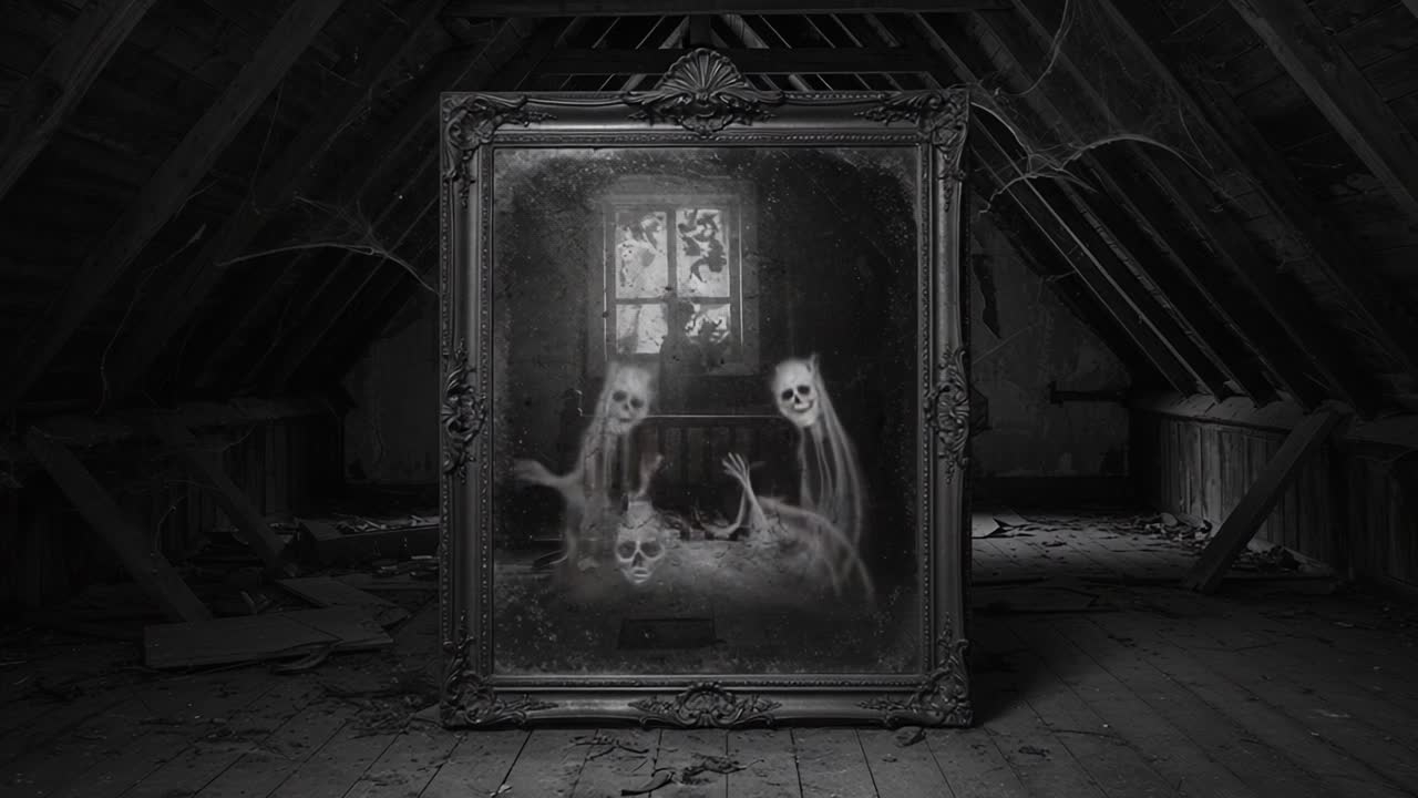 Haunting Visions: An Eerie Reflection Captured in a Dusty Attic Frame, Revealing Ghostly Figures and a Mysterious Atmosphere of the Supernatural