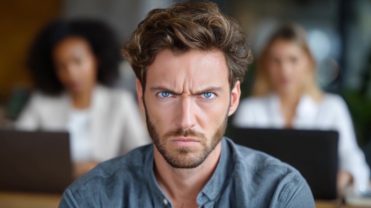 Focused Expression: A Young Man with Intense Blue Eyes and a Serious Stare Amidst a Professional Environment with Colleagues in the Background