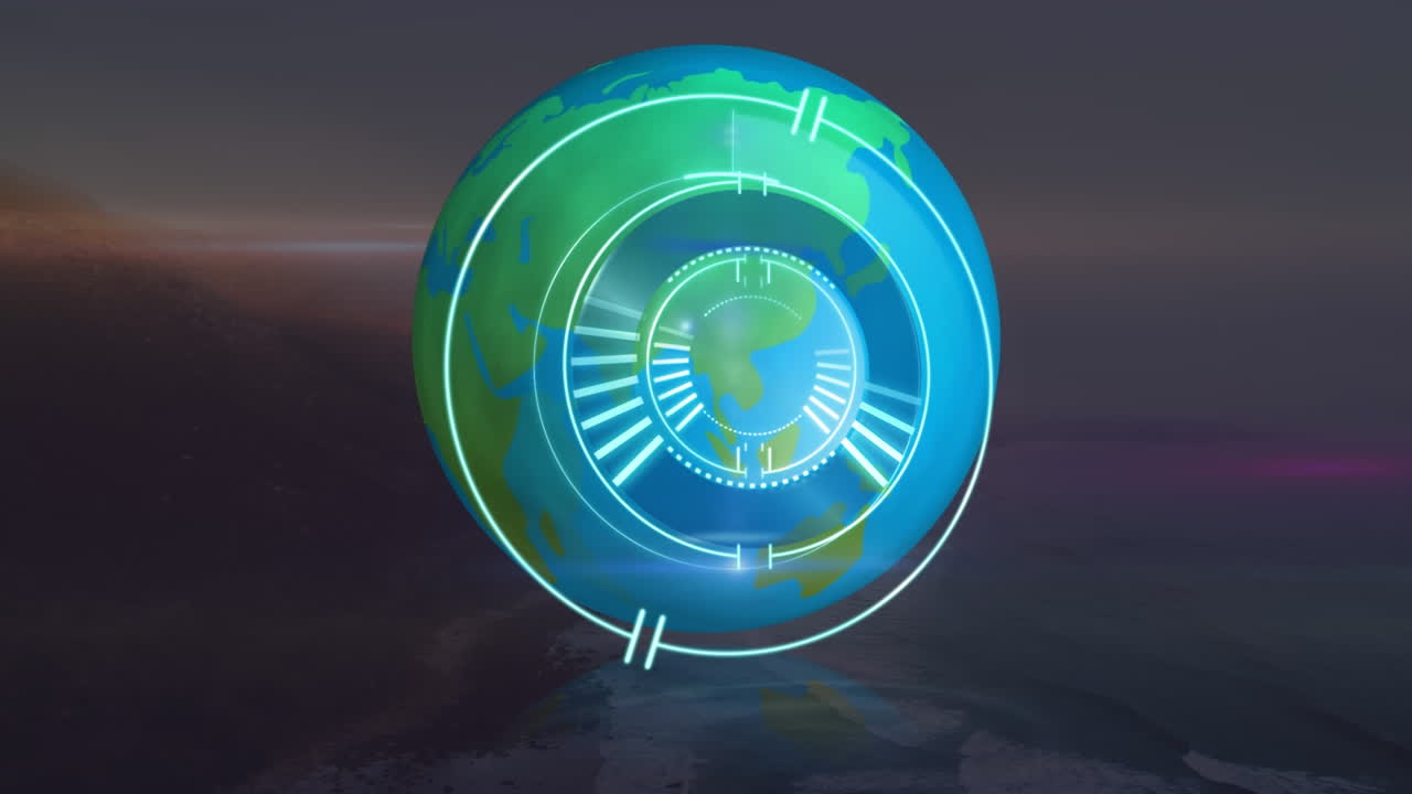 animación del círculo de procesamiento sobre el globo y el paisaje al atardecer