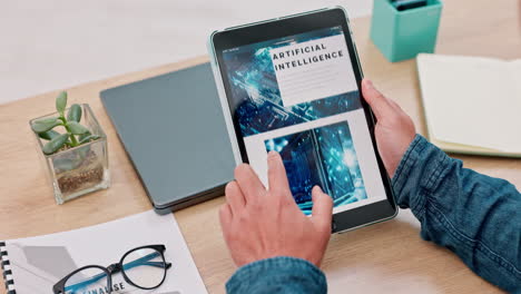 persona de negocios, manos y tableta para artificial