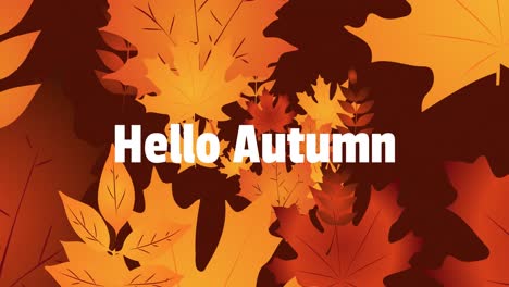 Animation-of-hello-autumn-text-over-leaves-on-brown-background