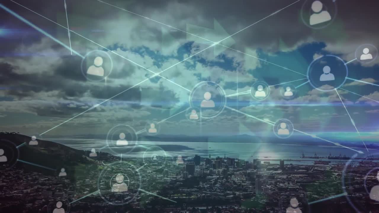 animación de la red de conexiones con iconos sobre el paisaje urbano