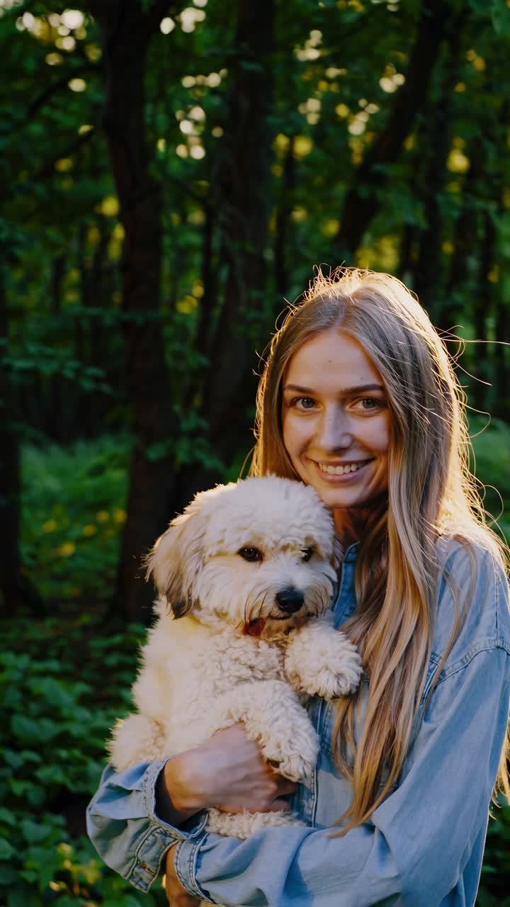 Young woman is embracing her fluffy puppy in a forest at sunset, enjoying the peace and quiet of nature and the warm sunlight filtering through trees