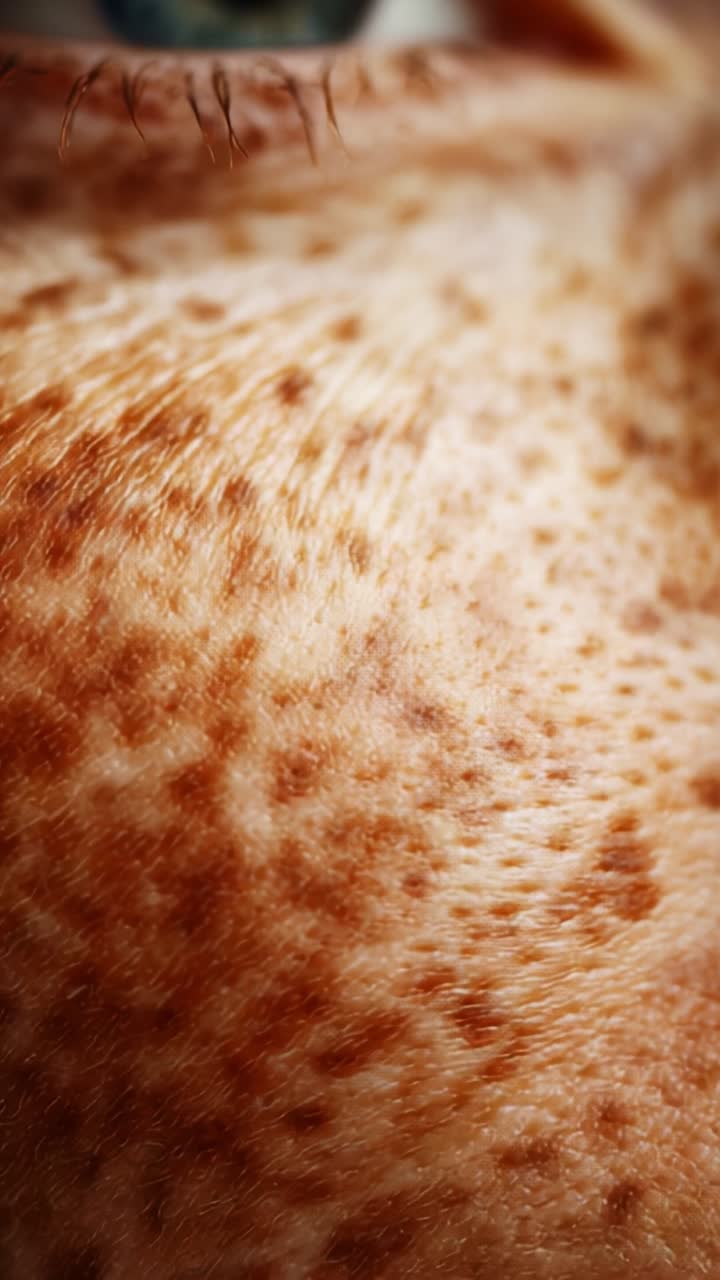 Close-Up of Skin Texture Highlighting Freckles and Natural Pigmentation Under Soft Lighting, Showcasing Intricate Patterns and Unique Features of the Surface