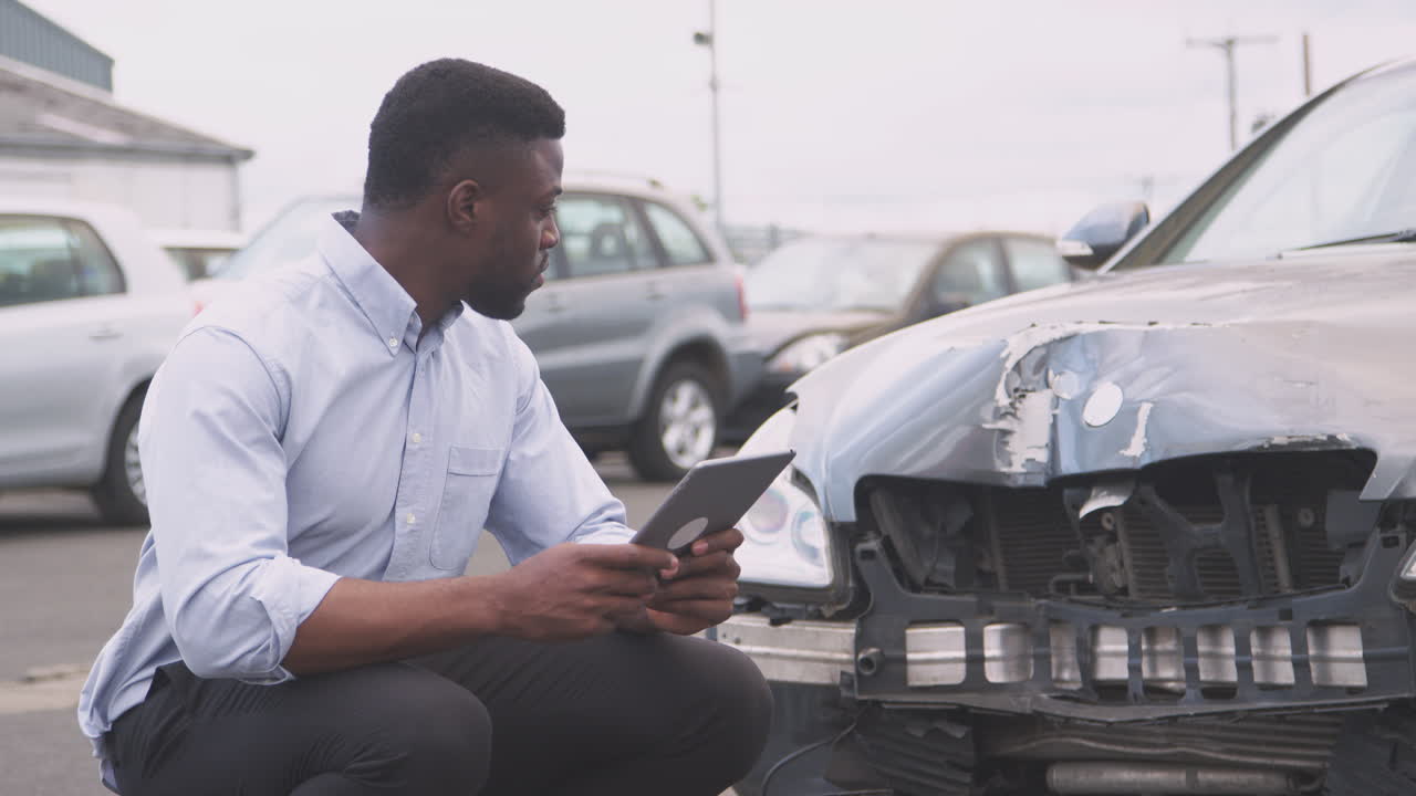 ajustador de pérdidas de seguros con tableta digital inspeccionando los daños al coche por un accidente automovilístico