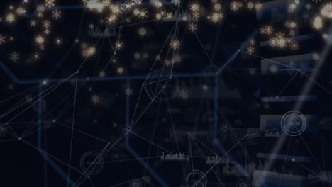 animation of snow falling over network of connections and data processing