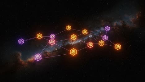 a mesmerizing display of interconnected cosmic patterns illuminated in vibrant orange and purple hues against the backdrop of a stunning starry galaxy.