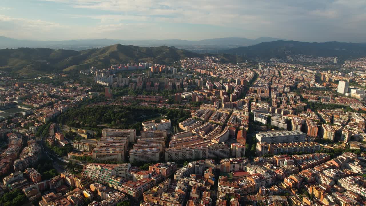 Aerial view of Barcelona Urban Skyline at sunset. Catalonia, Spain. Nou Barris neighborhood