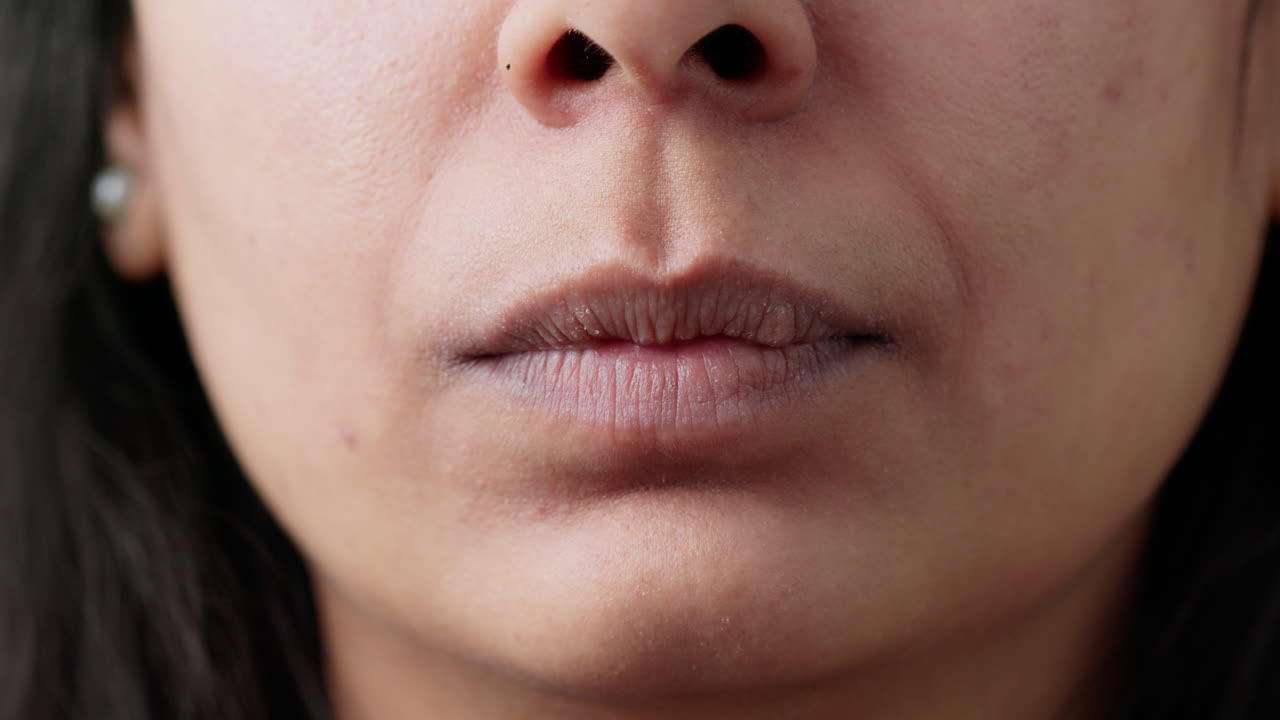 Macro shot of young adult moving lips and mouth in studio