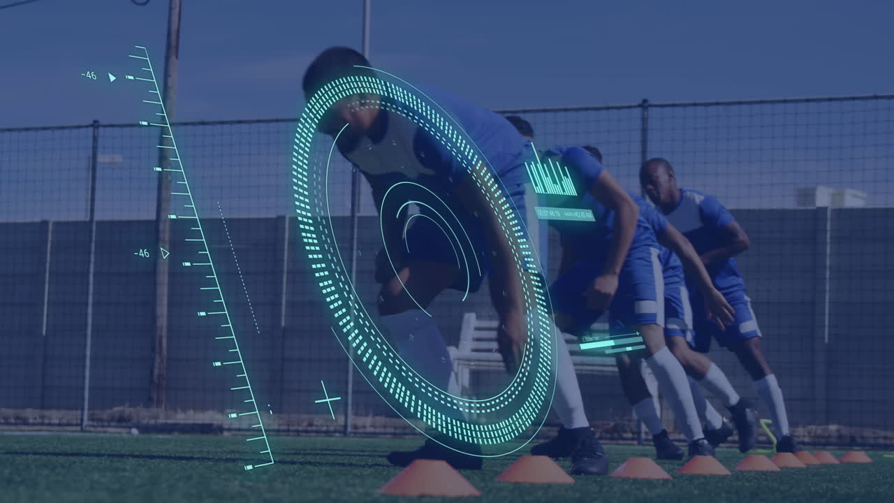 다양한 남성 축구 선수들이 운동하는 스 스캔과 데이터 처리의 애니메이션