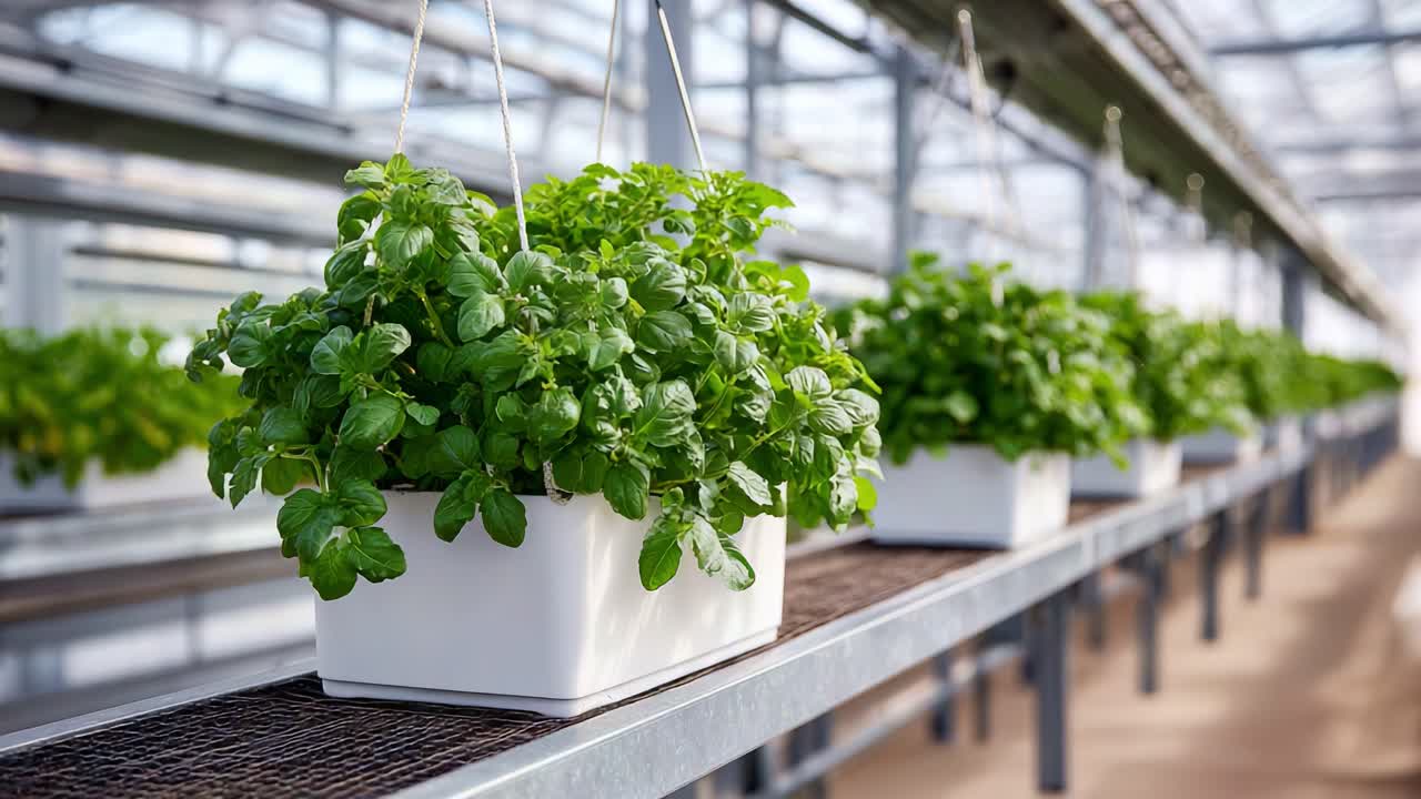Frodigt gröna örtplantor i moderna växthus; Främjar tillväxt och hållbarhet med livfull mynta i hängande behållare under naturligt ljus