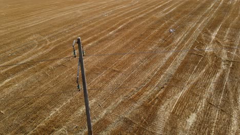 sideview of concrete utility pole held up above farm fields, drone