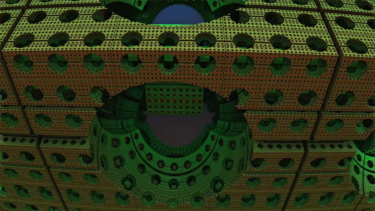 representación animada de un conjunto mandelbrot tridimensional, 3d, cubo verde, volar a través
