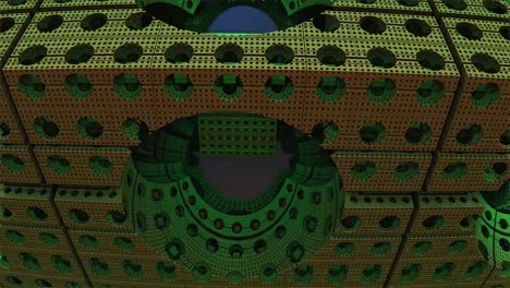 Animated-Representation-of-a-three-dimensional-Mandelbrot-set,-3D,-green-cube,-fly-through