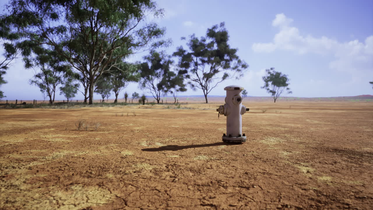 Hydrant stands alone in dry landscape under clear blue sky