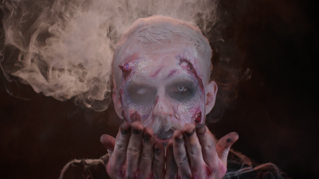 hombre siniestro halloween zombie con la cara ensangrentada sopla humo de la nariz y la boca, haciendo que el aire vuele beso
