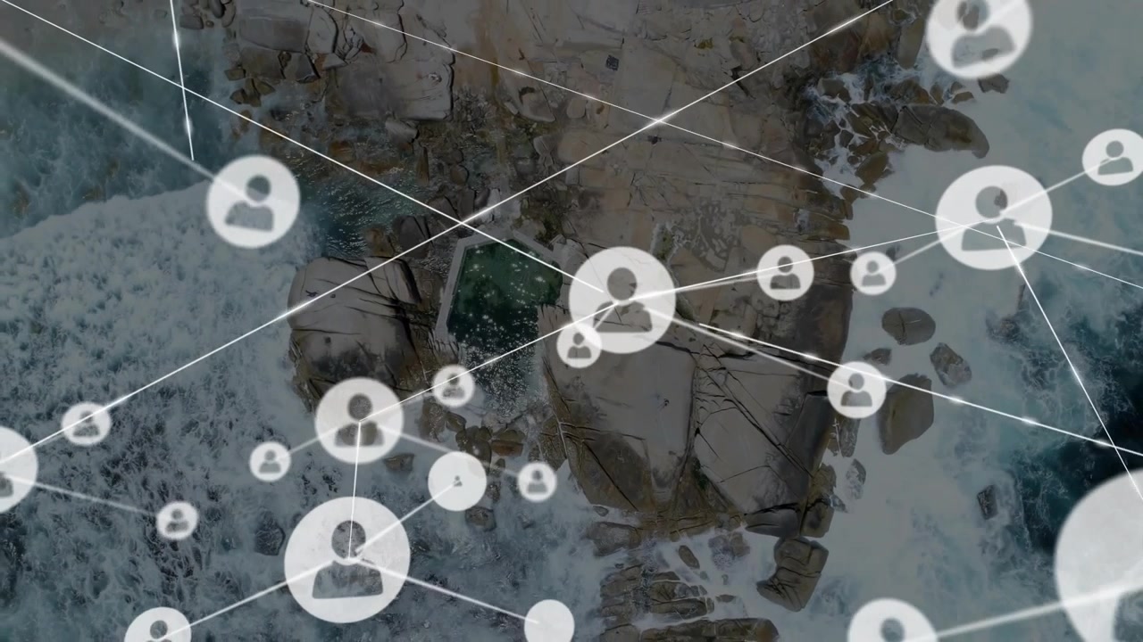Digitale netværksforbindelsesikoner over luftfoto af havkystlinje