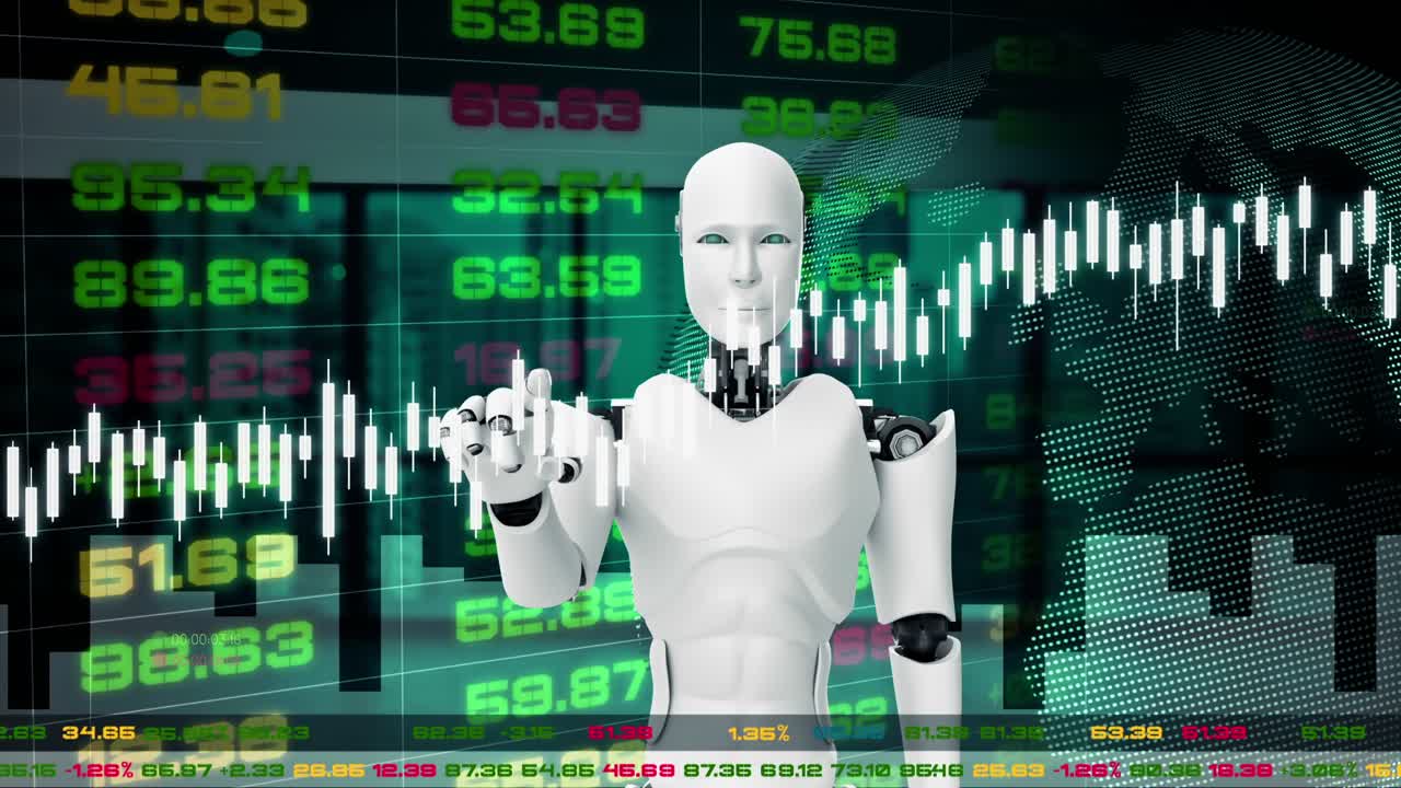 Futuristic robot, artificial intelligence CGI for stock exchange market trading