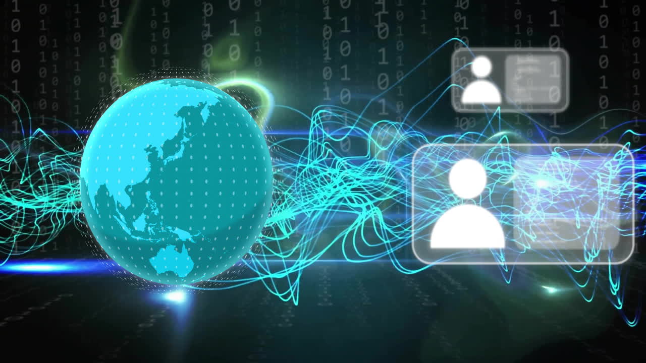 전 세계 네트워크 연결을 나타내는 데이터 파동과 이진 코드를 가진 디지털 글로브