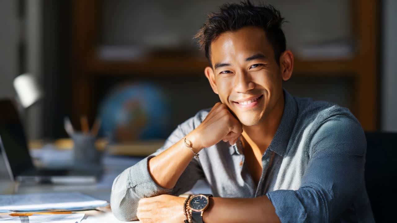 A Warm Smile and Bright Presence: A Man Seated at a Desk with a Computer, Exuding Confidence and Approachability in a Sunlit Workspace, Captured in a Poignant Moment of Genuine Happiness