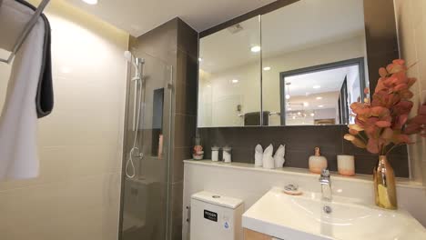 clean and furnished bathroom decoration with glass shower box and big mirror