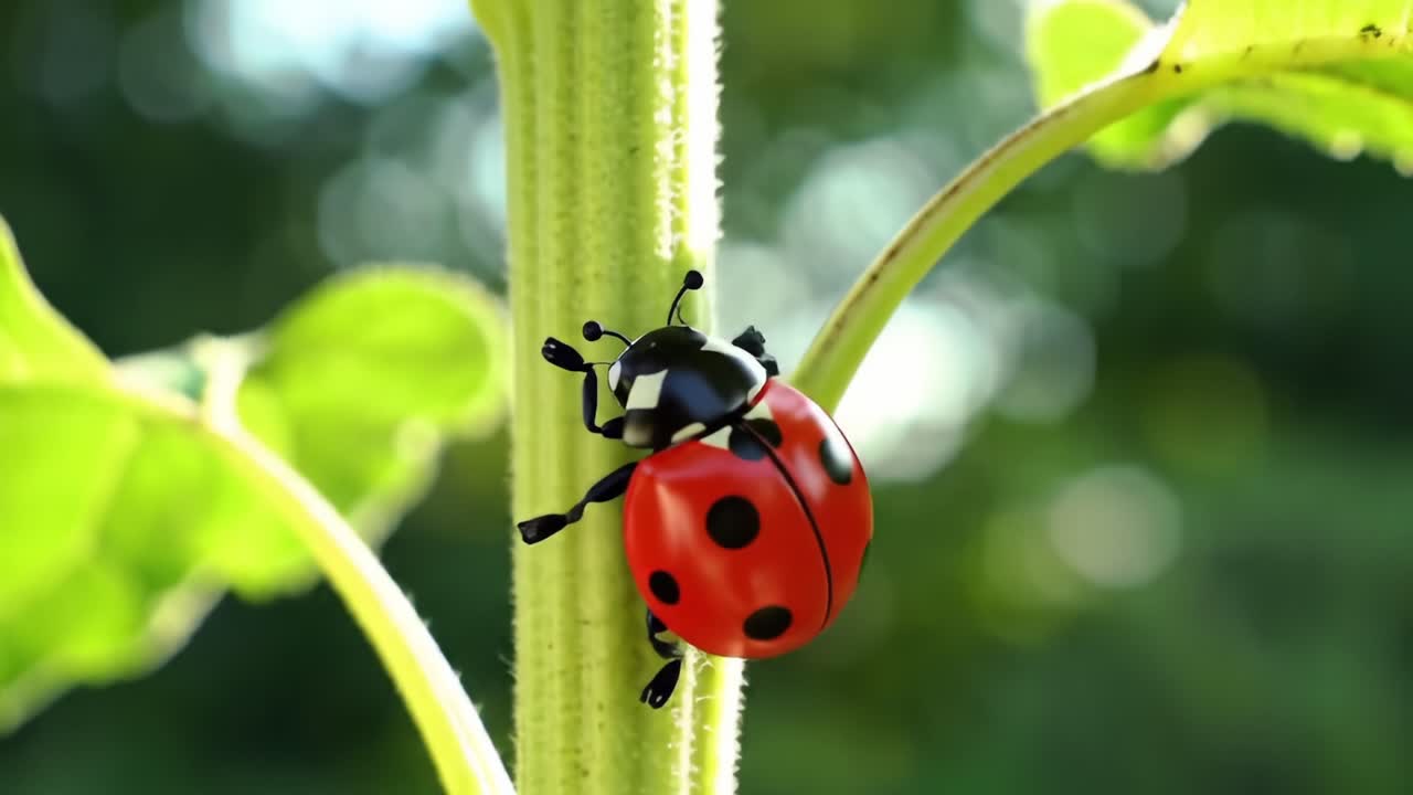 A Charming Ladybug Climbing Up a Green Stem, Showcasing Its Vibrant Red Shell and Distinctive Black Spots in a Lush Natural Environment
