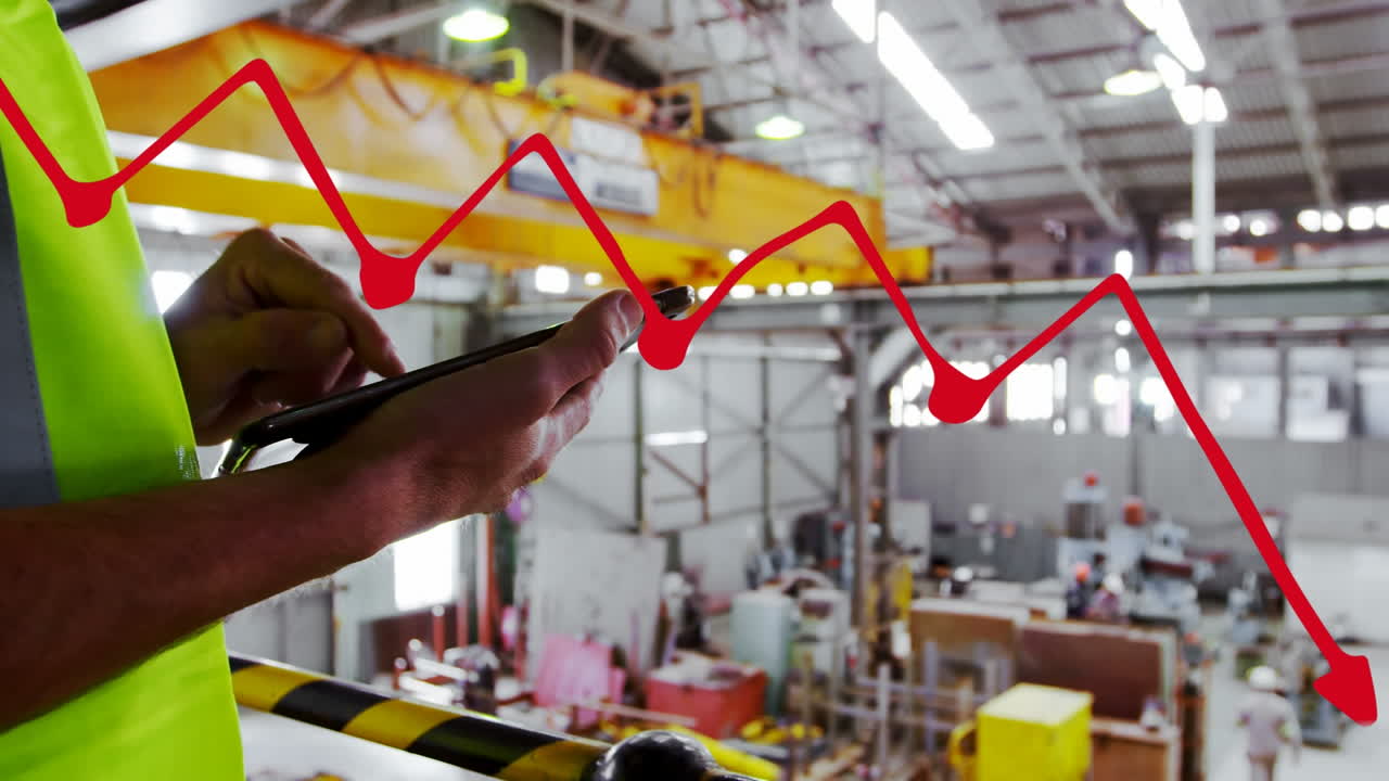 Animation of data processing over caucasian male worker in warehouse