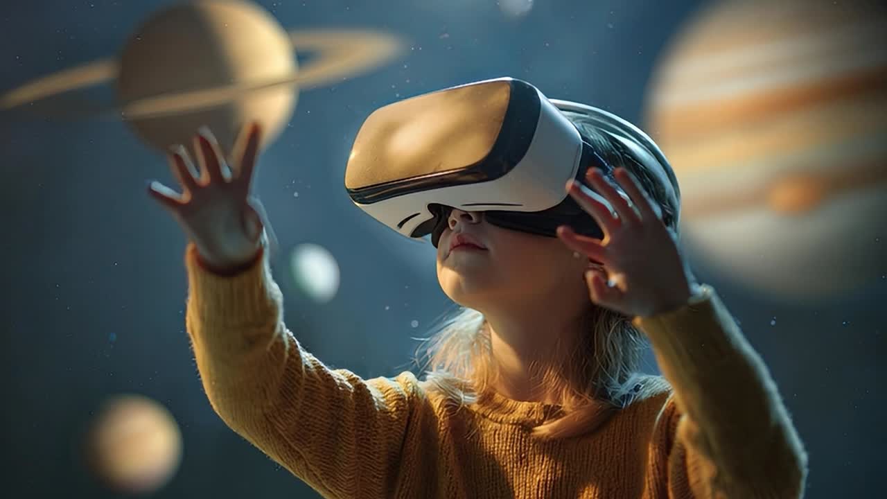 Bambino sperimenta la realtà virtuale in un ambiente cosmico