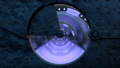 la escotilla oxidada de hierro abre una vista panorámica a la escena del paisaje de la nave espacial. fondo abstracto 3d de corredor de ciencia ficción. tecnología futurista vj para títulos tecnológicos y fondo.