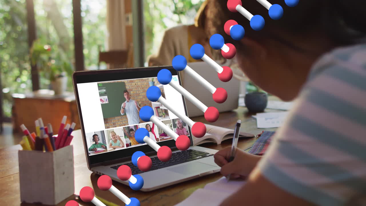 Student taking notes during online class with DNA strand animation overlay