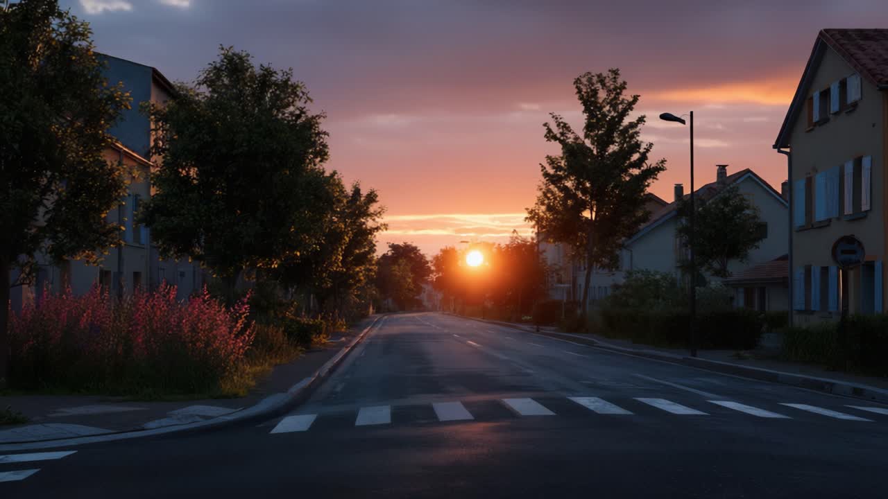 Tramonto mozzafiato su una tranquilla strada residenziale che evidenzia la serenità della natura con colori vivaci che illuminano la calma atmosfera del quartiere.