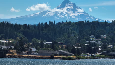 aerial view of the riverfront of the hood river with snowy mountain background