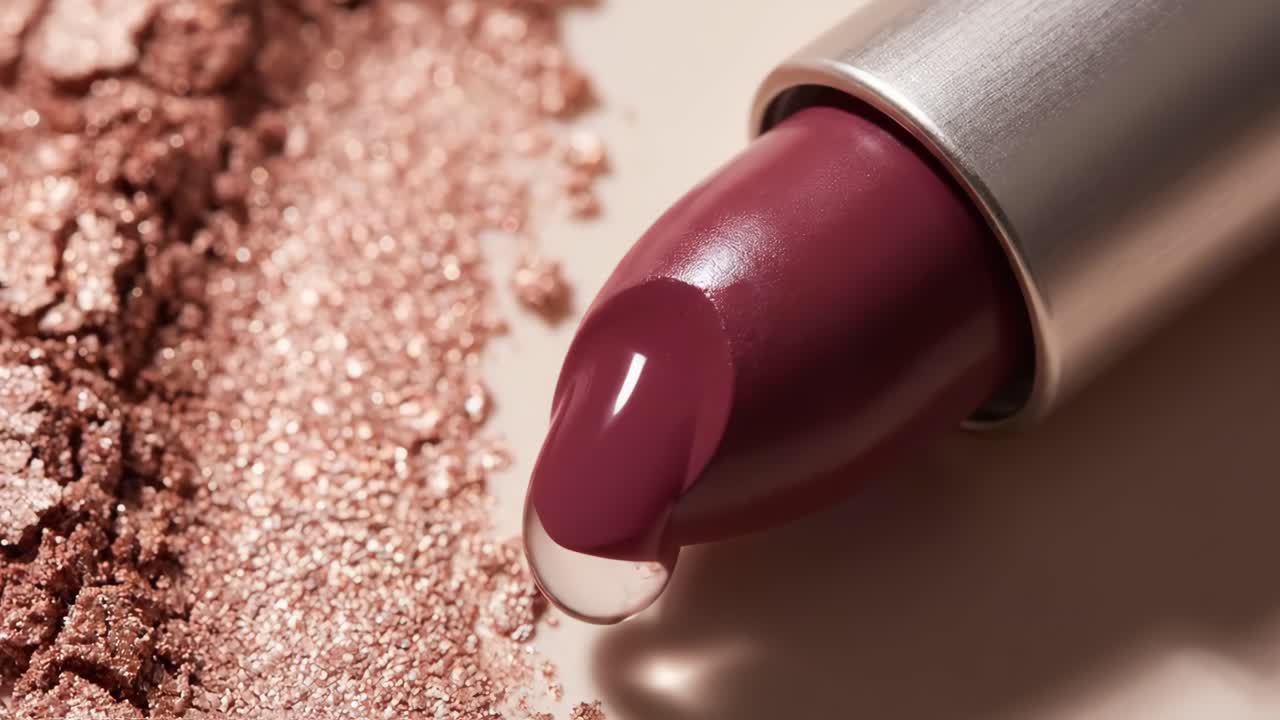 Macro Shot of Liquid Dripping on Lipstick and Crushed Eyeshadow