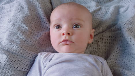 portrait beautiful baby looking curious infant lying on blanket