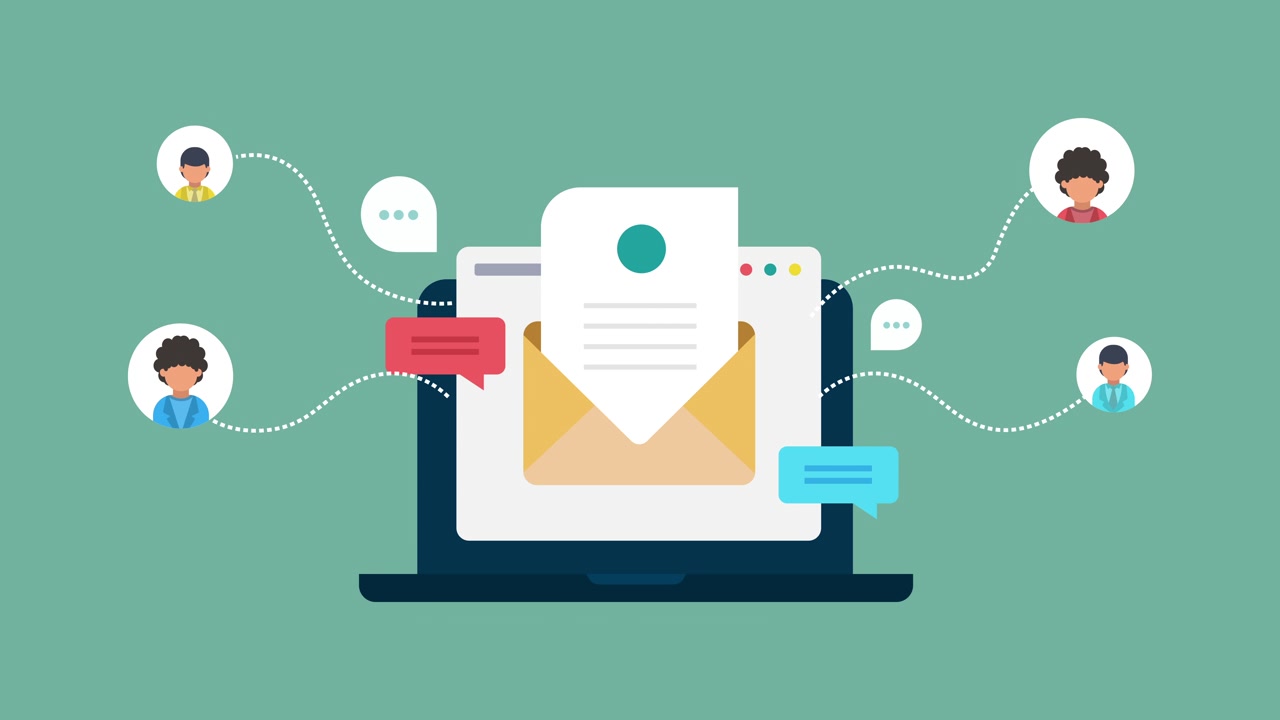 Laptop animato che mostra comunicazioni e-mail e connessioni di rete