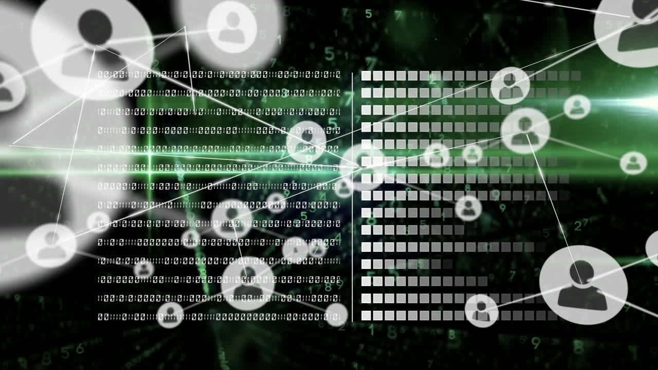 Animation of network of connection with icons over green background with data processing