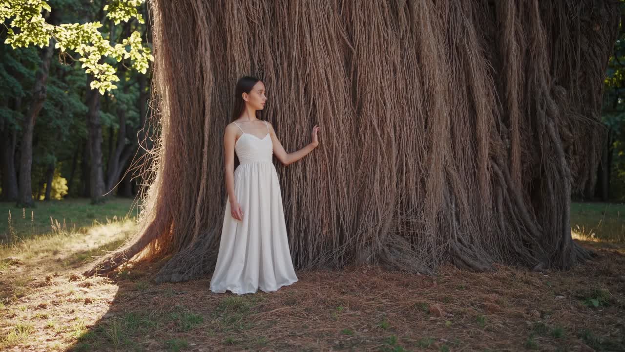 Elegant woman in flowing white dress stands beside majestic tree, gently touching its textured bark, capturing a serene moment in nature's embrace with soft sunlight filtering through leaves